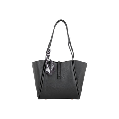 Suvra Black Faux Leather Tote Bag with Scarf Accent