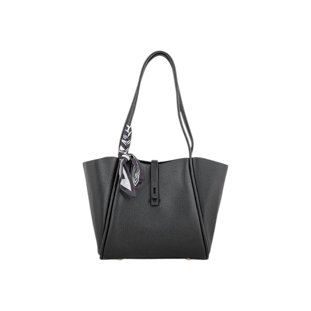 Suvra Black Faux Leather Tote Bag with Scarf Accent