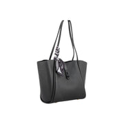 Suvra Black Faux Leather Tote Bag with Scarf Accent