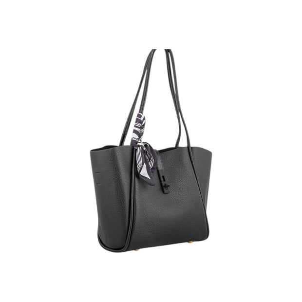Suvra Black Faux Leather Tote Bag with Scarf Accent